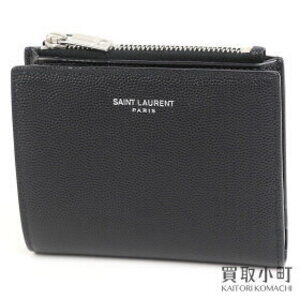 Saint Laurent Yves Zip Card Wallet Grained Poudre Calfskin Black Bifold